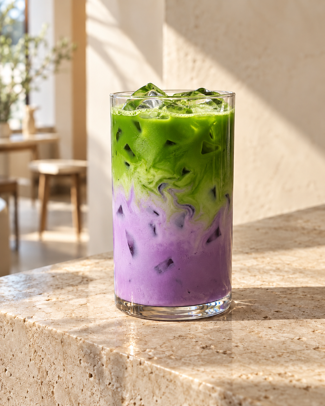 Ube Matcha Latte im Glas: unten lila Ube mit Milch, oben grüner Bio Matcha auf Eis