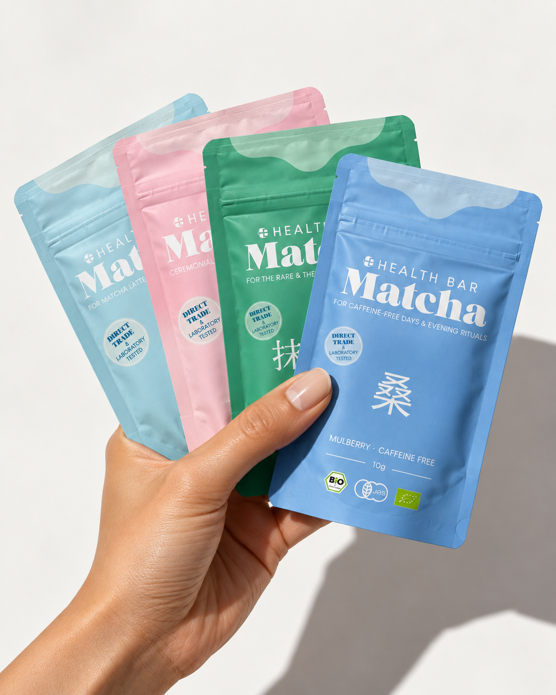 Vier Beutel Bio Matcha und Mulberry à 10 g aus dem Health Bar Discovery Set