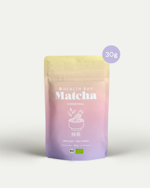 Bio Matcha Pulver Ceremonial 30 g von Health Bar, First Harvest aus Uji Japan, im wiederverschließbaren Pastell Standbeutel