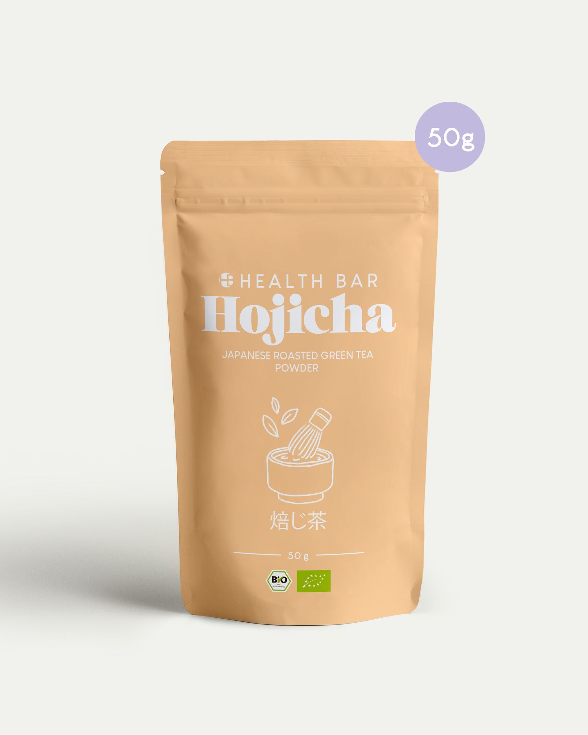 Fein gemahlenes Bio Hojicha Pulver mit warmem, nussig-braunem Farbton.