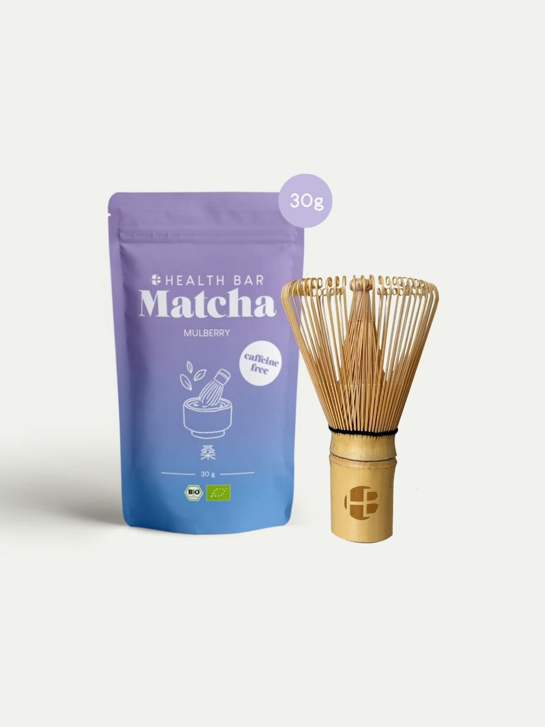 Health Bar Mulberry Matcha Ritual Set – Bio Mulberry Matcha koffeinfrei 30g Beutel mit Bambus Chasen Matcha Besen, lila-blaue Verpackung mit caffeine-free Siegel