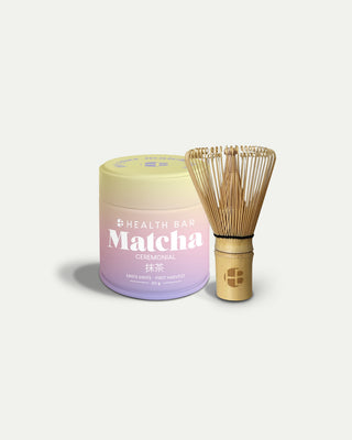 Health Bar Starter Duo Bundle mit Ceremonial Matcha Pulver und Bambus Matcha Besen.