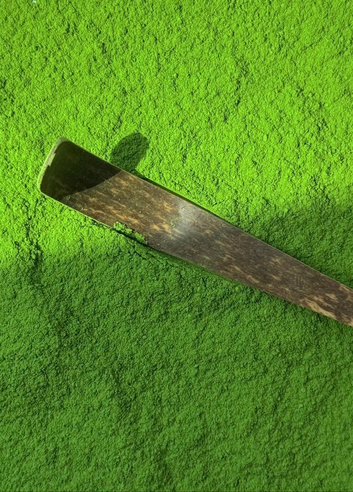 Fein gemahlenes Bio Okumidori Matcha-Pulver in intensiv leuchtendem Grün mit seidiger Textur