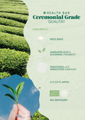 Infografik zur Ceremonial Grade Qualität aus erster Ernte mit Angaben zu Verarbeitung und Herkunft aus Uji Japan