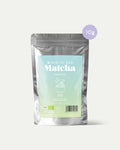 Bio Matcha Pulver 10 g Traditional von Health Bar im silbernen, luftdichten Beutel mit pastellfarbenem Etikett vor hellem Hintergrund