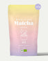 Bio Matcha Pulver 250 g Ceremonial von Health Bar im wiederverschließbaren, luftdichten Beutel mit pastellfarbenem Verlauf in Rosa, Gelb und Lila sowie 250 g Hinweis