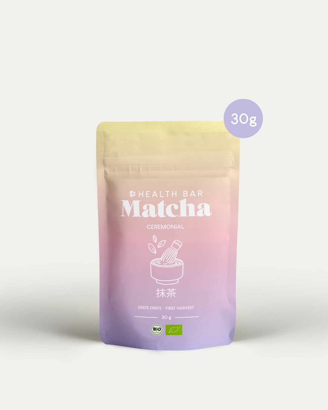 Bio Matcha Pulver Ceremonial 30 g von Health Bar, First Harvest aus Uji Japan, im wiederverschließbaren Pastell Standbeutel