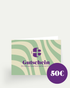 Geschlossener Health Bar Gutschein mit grün cremefarbenem Wellenmuster und lila Logo, Aufschrift Gutschein und Ein kleines Geschenk wartet auf Dich, ergänzt durch einen runden lila 50 Euro Hinweis