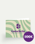 Geschlossener Health Bar Gutschein mit grün cremefarbenem Wellenmuster und lila Logo, Aufschrift Gutschein und Ein kleines Geschenk wartet auf Dich, ergänzt durch einen runden lila 100 Euro Hinweis