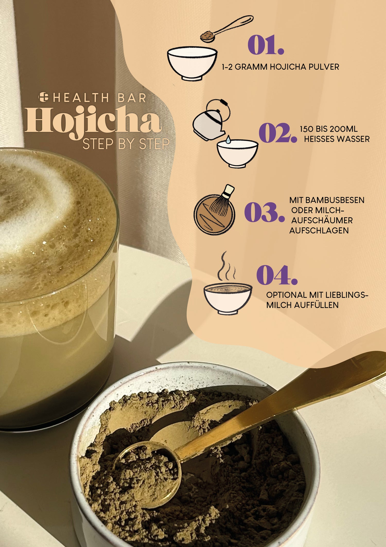 Bio Hojicha Zubereitung Schritt für Schritt Anleitung mit Hojicha Pulver, warmem Wasser und Milchschaum für cremigen Hojicha Latte