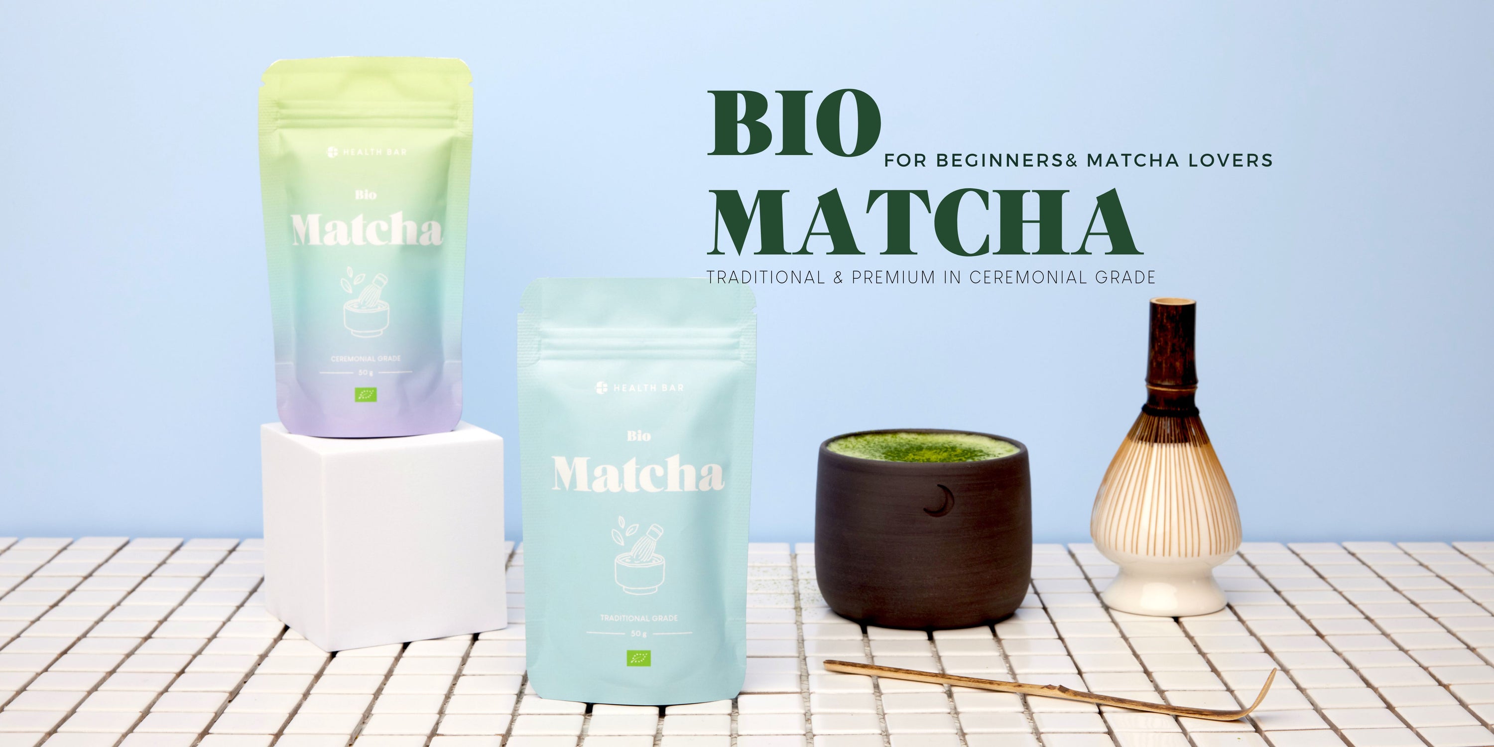 HEALTH BAR Bio Matcha Tee und alle Zubehöre für deinen Matcha Latte