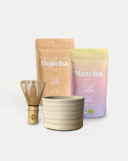 Bio Matcha und Bio Hojicha Ritual Set von Health Bar mit Ceremonial Matcha und geröstetem Hojicha Pulver, Keramik Chawan und Bambus Chasen für dein Morgen und Abendritual