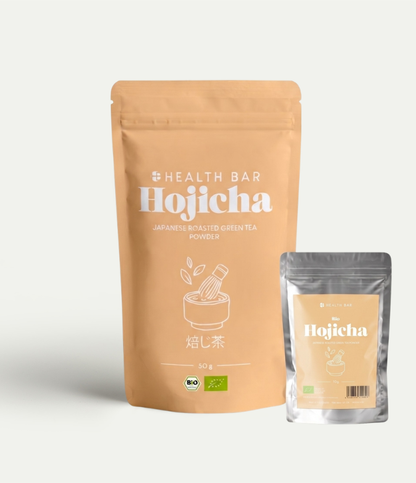 Health Bar Bio Hojicha Pulver 10 und 50 g japanischer gerösteter Grüntee im nachhaltigen Beutel