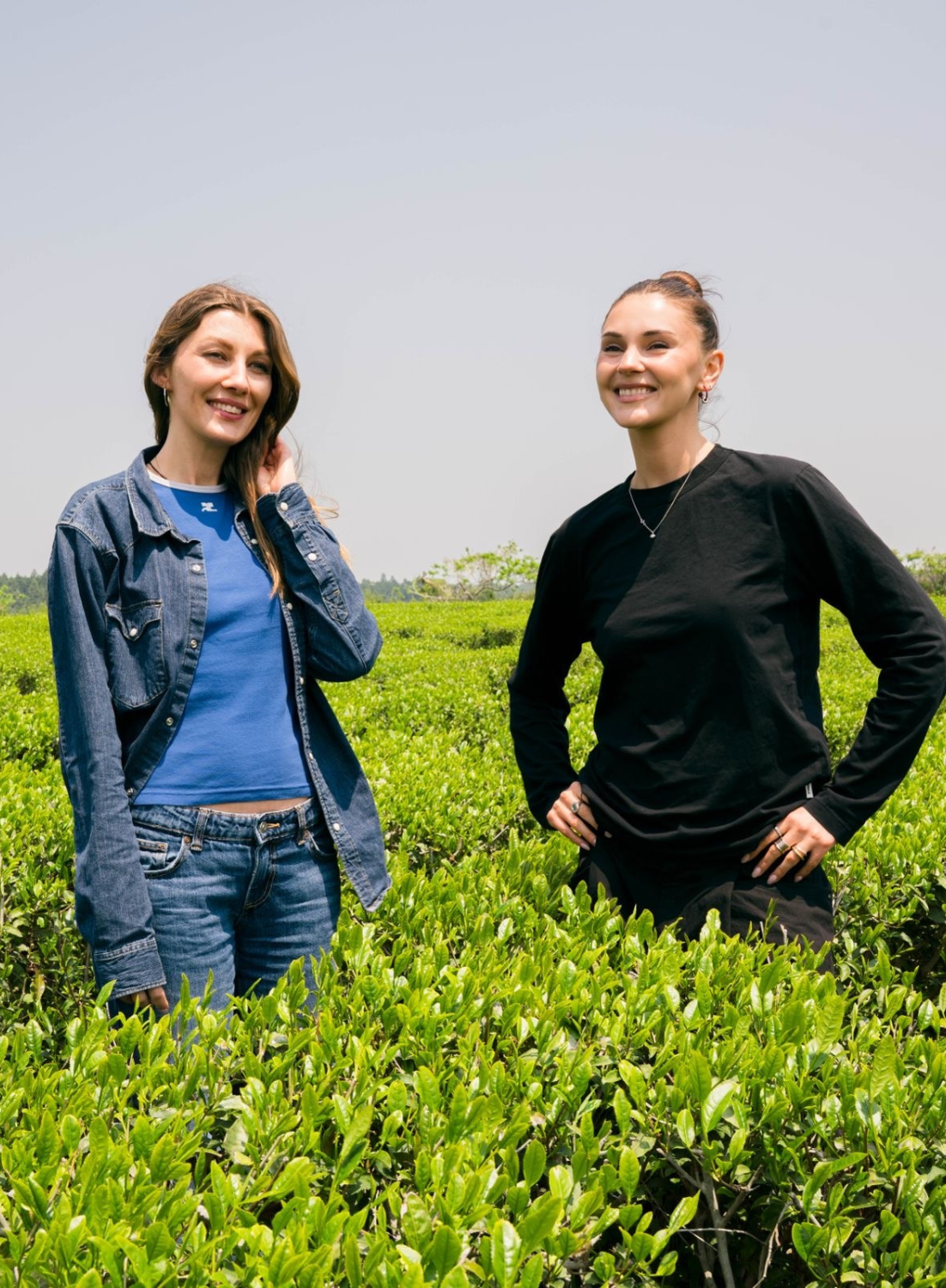 Steffi und Nancy zwischen den Jeju-Teefeldern in Südkorea
