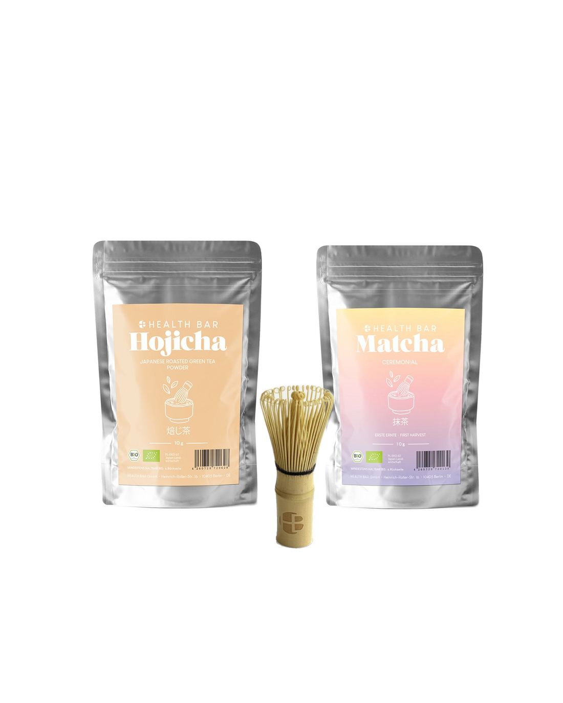 Bio Matcha und Bio Hojicha Einsteiger Set von Health Bar mit 10 g Ceremonial Matcha, 10 g geröstetem Hojicha Pulver und Mini Bambus Chasen für den perfekten Einstieg in die traditionelle Zubereitung zu Hause