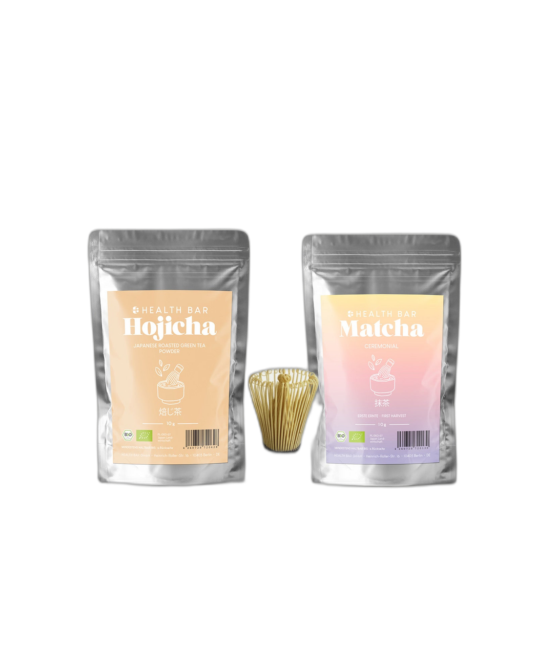 Bio Matcha und Bio Hojicha Einsteiger Set von Health Bar mit 10 g Ceremonial Matcha, 10 g geröstetem Hojicha Pulver und Mini Bambus Chasen für den perfekten Einstieg in die traditionelle Zubereitung zu Hause