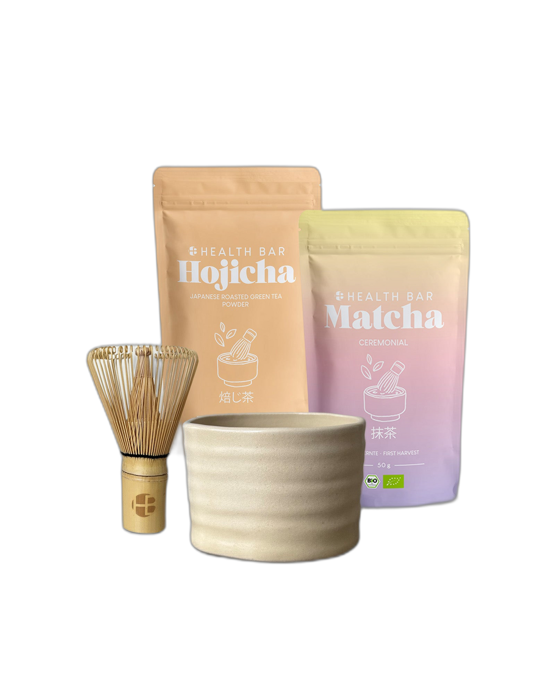 Bio Matcha und Bio Hojicha Ritual Set von Health Bar mit Ceremonial Matcha und geröstetem Hojicha Pulver, Keramik Chawan und Bambus Chasen für dein Morgen und Abendritual