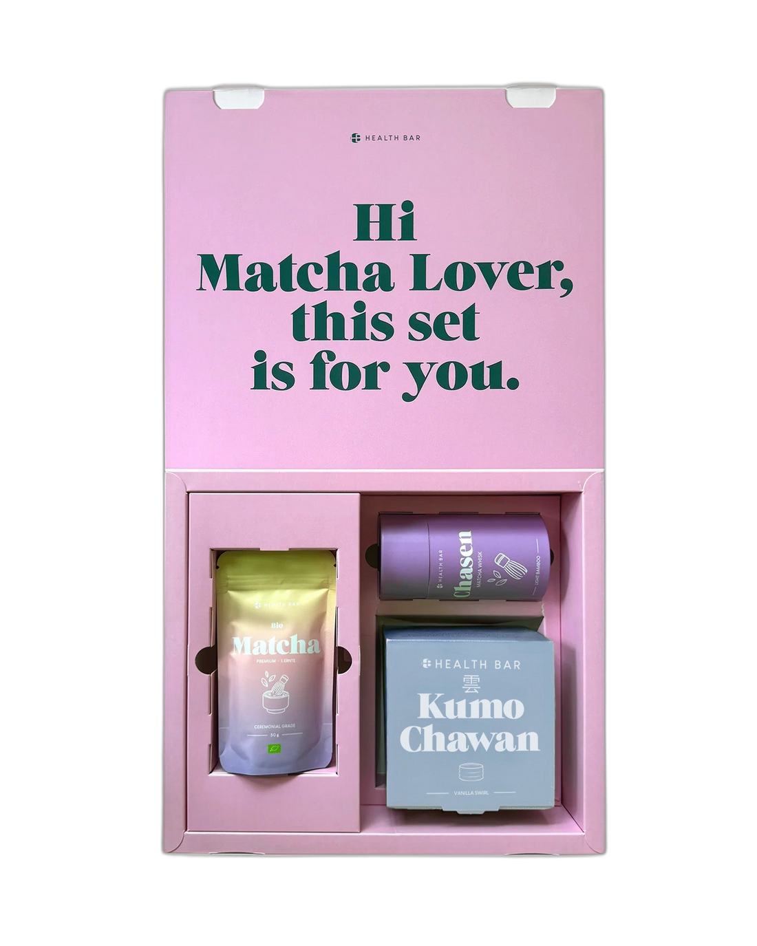 Health Bar Matcha Geschenkset in rosa Box mit Aufschrift Hi Matcha Lover this set is for you, inklusive Bio Matcha Pulver, Chasen Matcha Besen und Kumo Chawan Schale in Vanilla, hochwertiges Matcha Starter Set für traditionelle Zubereitung