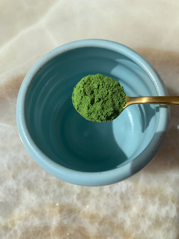Goldener Löffel mit grünem Matcha Pulver über einer hellblauen Matcha Schale auf hellem Untergrund, Schritt 1 der Matcha Zubereitung