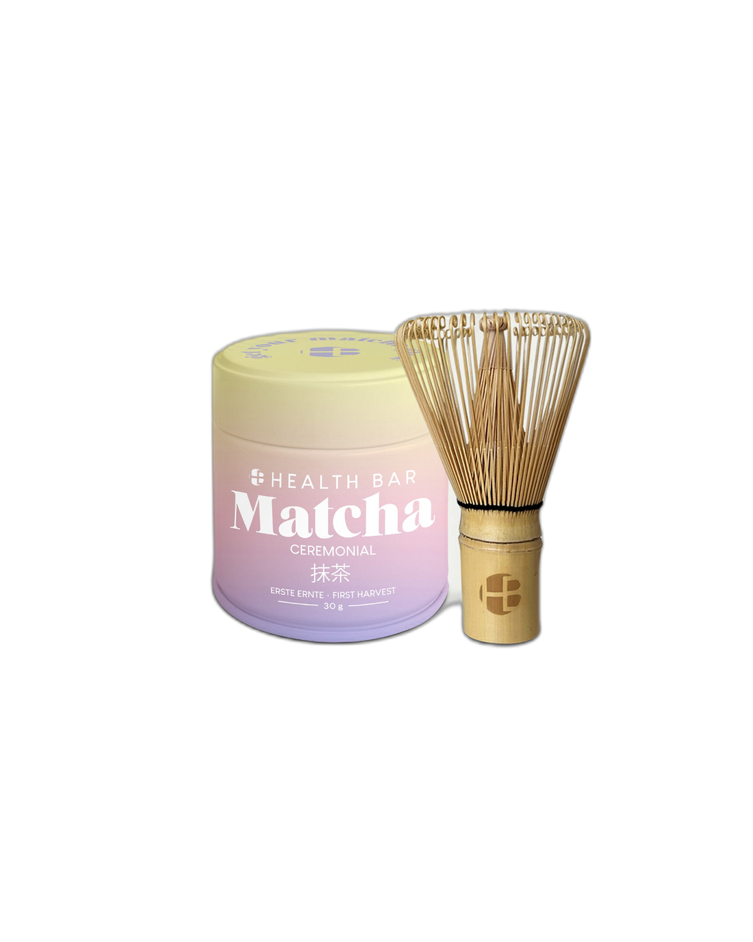 Health Bar Starter Duo Bundle mit Ceremonial Matcha Pulver und Bambus Matcha Besen.