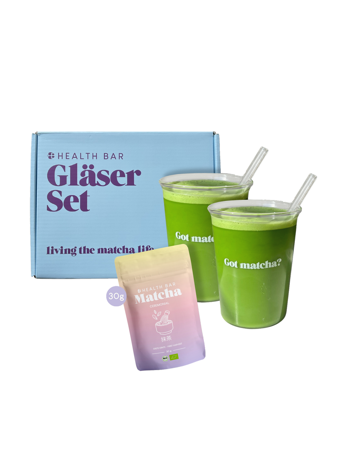 Stefanies Summer Iced Matcha Edit – Bio Matcha Ceremonial 30g Pouch und Gläser Set mit Glasstrohhalmen von Health Bar